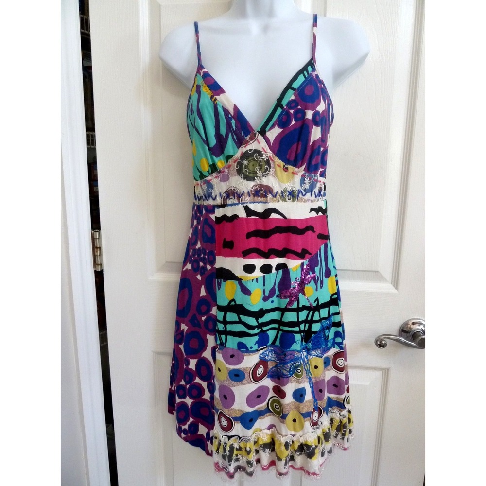 KESSLEY Sz Med. Babydoll Dress Funky Artsy Knee Length Edgy Dragonflies Lined